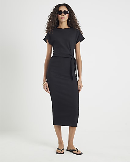 Black Textured Tie Waist Midi Dress