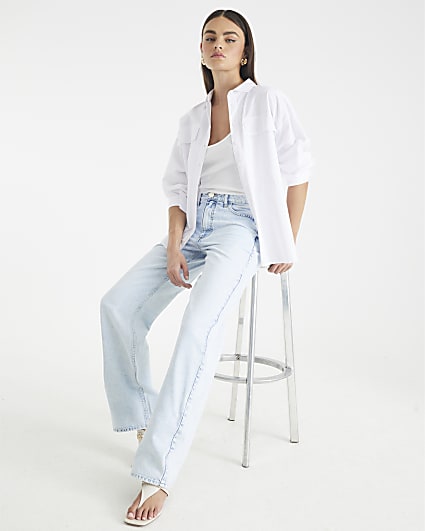 Blue High Rise Relaxed Straight Leg Jeans