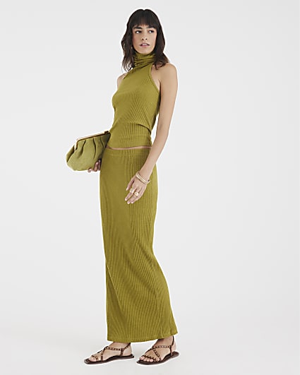 Green Ribbed Midi Skirt