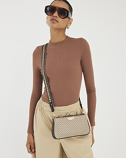 Brown Monogram Print Chain Cross Body Bag