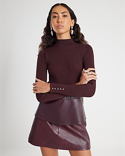 Red Knitted Studded Peplum Hem Top