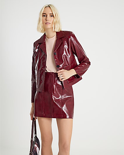 Red Faux Leather Collared Jacket