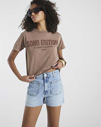 Blue Denim High Rise Front Pocket Shorts