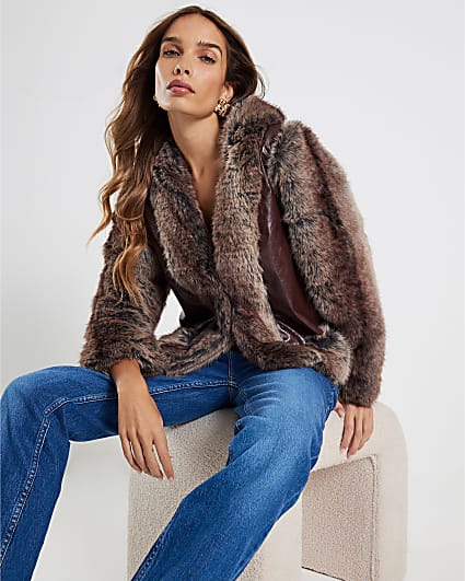 Brown Faux Fur Trim Panelled Jacket