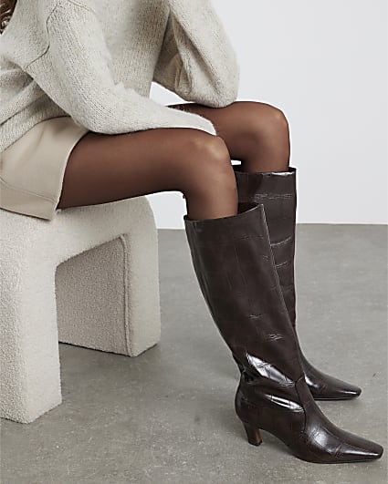 Brown Croc Print Knee High Heeled Boots