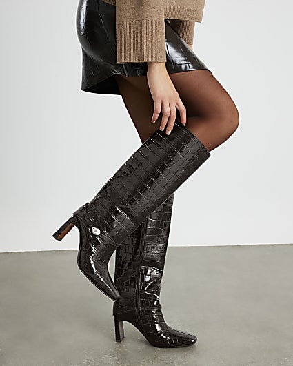 Brown Straight High Leg Hardware Boots