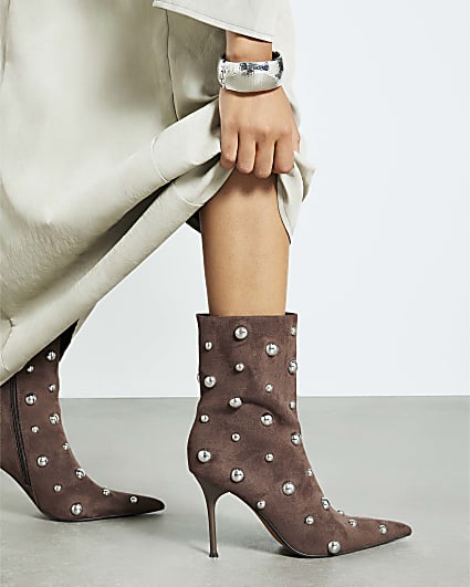 Brown Faux Suede Studded Heeled Ankle Boots