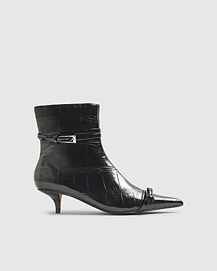 Black Croc Textured Kitten Heel Boots