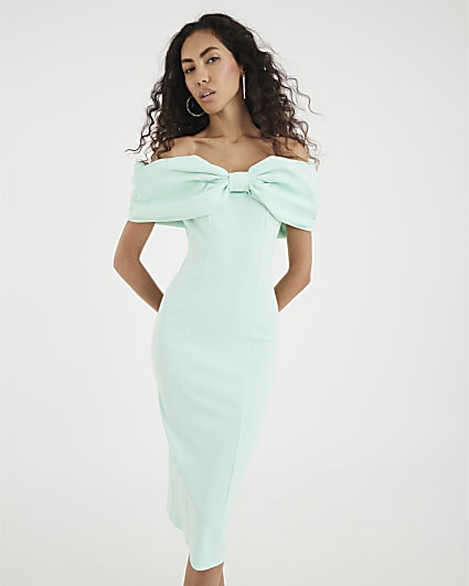 Green Bow Bardot Midi Dress