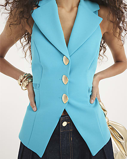 Blue Sleeveless Collared Elastic Waistcoat