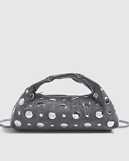 Grey Studded Faux suede Cross Body bag
