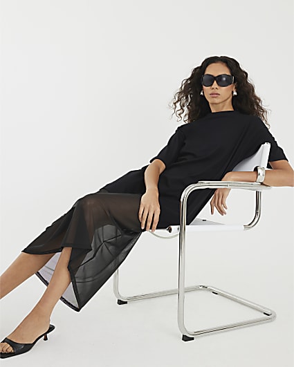 Black Mesh Hybrid T-shirt Midi Dress
