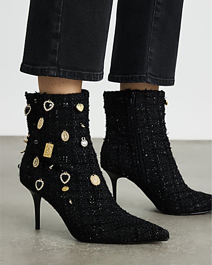 Black Brooch Embellished Boots