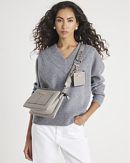 Grey Monogram Pocket Front Cross body bag