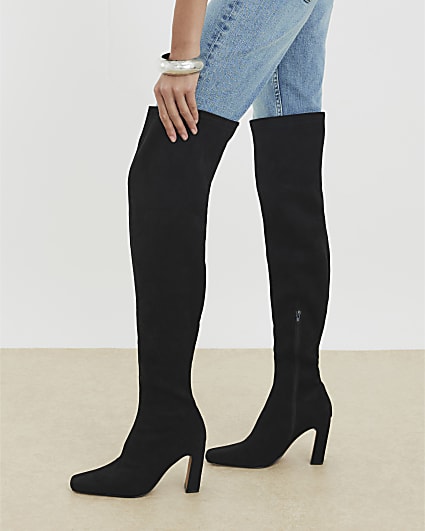 Black Wide Fit Thigh High Heeled Boots