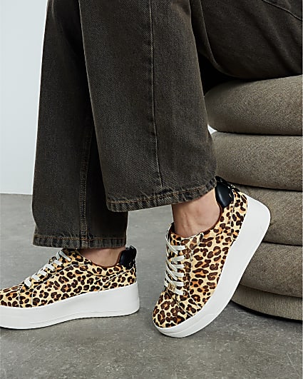 Brown Leather Leopard Print platform Trainers