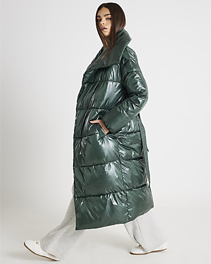 Green High Shine Longline Padded Coat