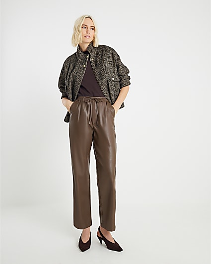 Brown Faux Leather Elasticated Waist Trousers