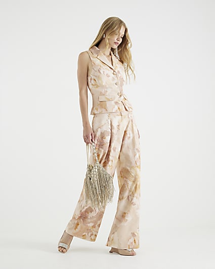 Pink Floral Linen Blend Wide Leg Trousers