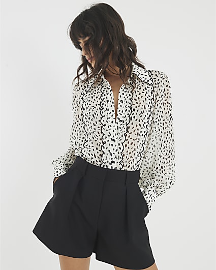 Cream Chiffon Spot Print Scallop Trim Shirt