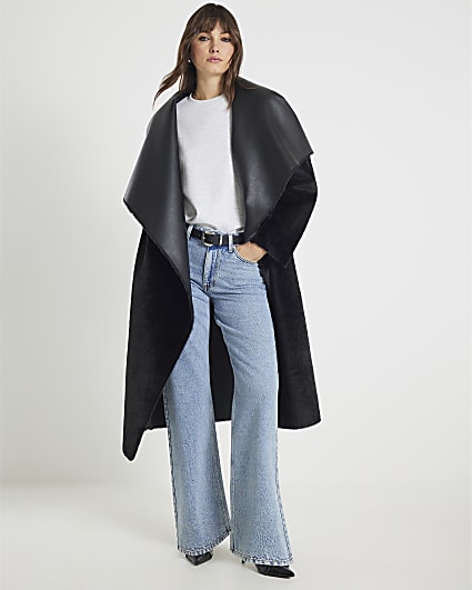 Black Faux Fur Belted Trench Coat