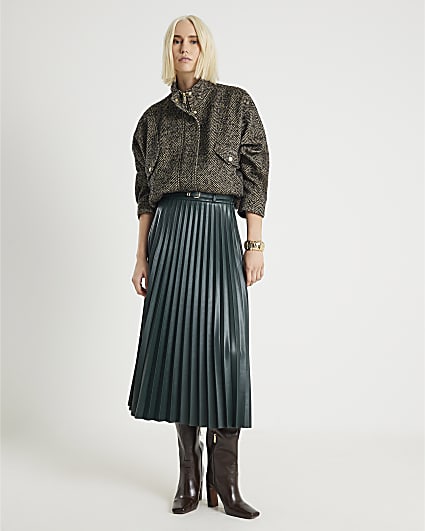 Green Belted Pleated Midi Skirt