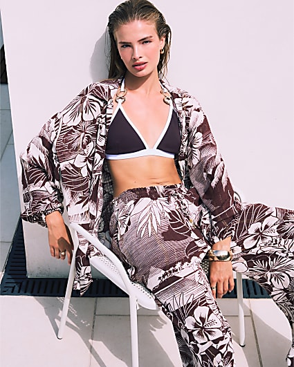 Brown Tropical Print Beach Trousers