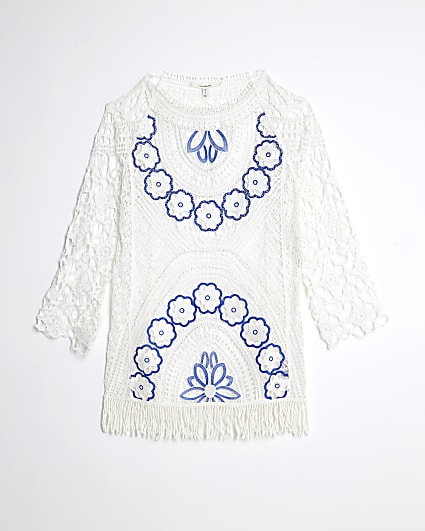 White Crochet Long Sleeve Mini Beach Dress
