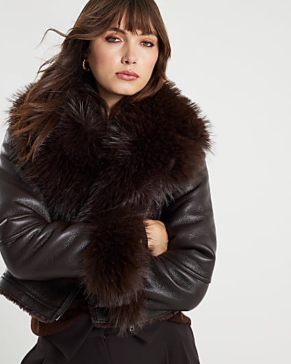 Brown Faux Fur Collar Cropped Biker Jacket
