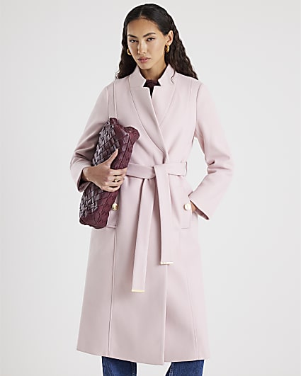 Pink Notch Collar Belted Wrap Coat