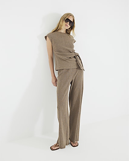 Brown Textured Wide Leg Trousers