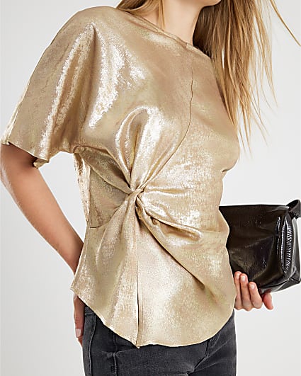 Gold Short Sleeve Knot Front Top