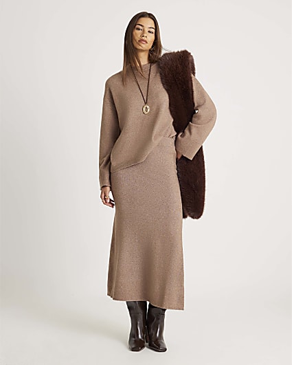 Brown Knitted Midi Skirt