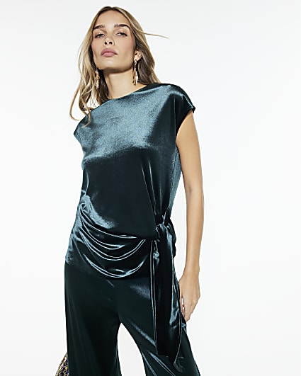 Green Velvet Short Sleeve Tie Side Top
