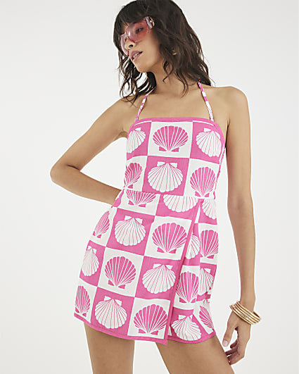 Pink Shell Print Beach Playsuit
