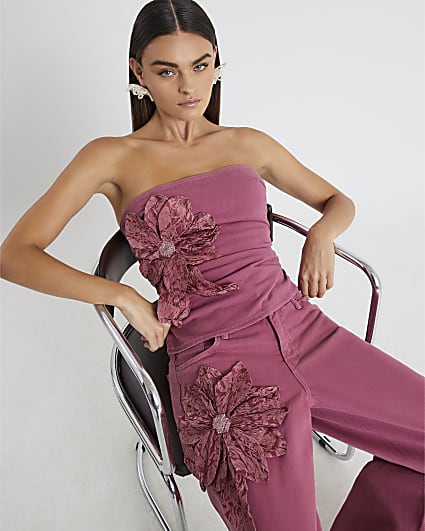 Pink Denim Sleeveless Flower Bandeau Top