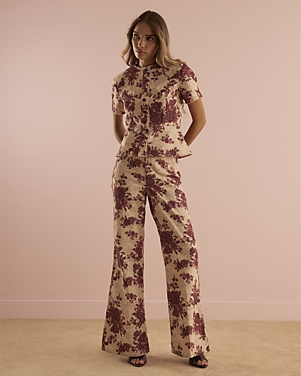 Red Floral Relaxed Flare Jeans