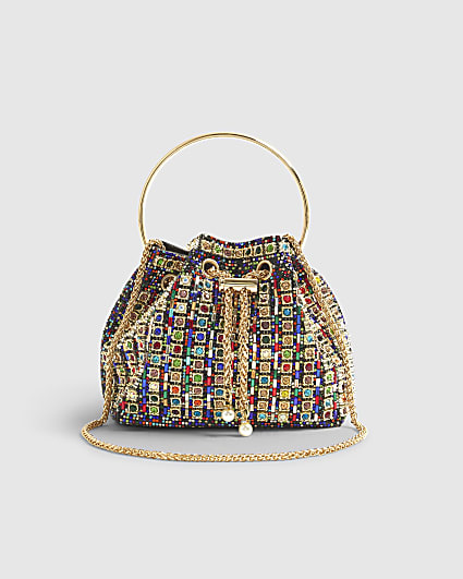 Gold Gem Embellished Bucket Clutch Bag