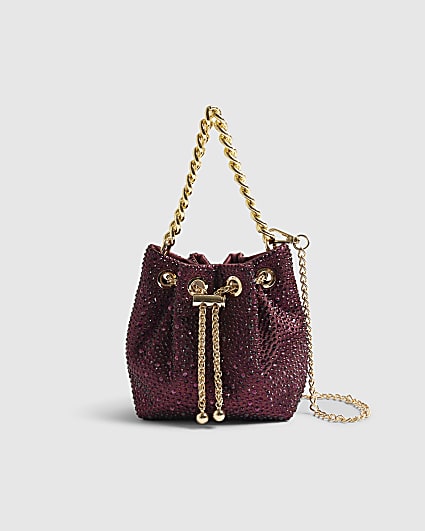 Red Diamante Drawstring Bucket Clutch Bag