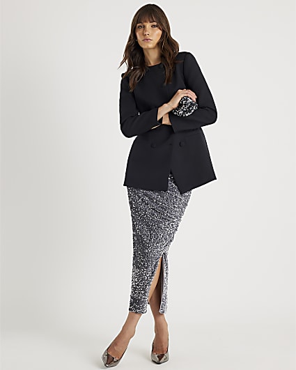 Silver Ruched Side Velvet Sequin Midi Skirt