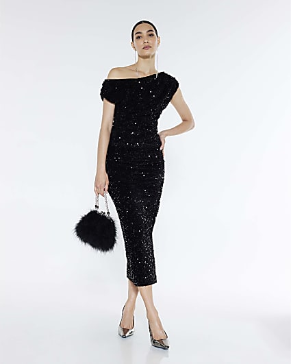 Black Velvet Sleeveless Sequin Drape Top