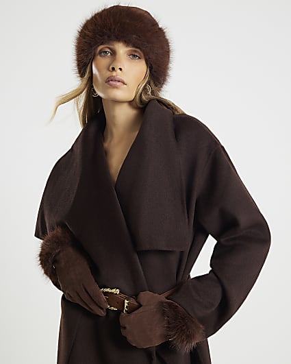 Brown Faux Suede Faux Fur Hat