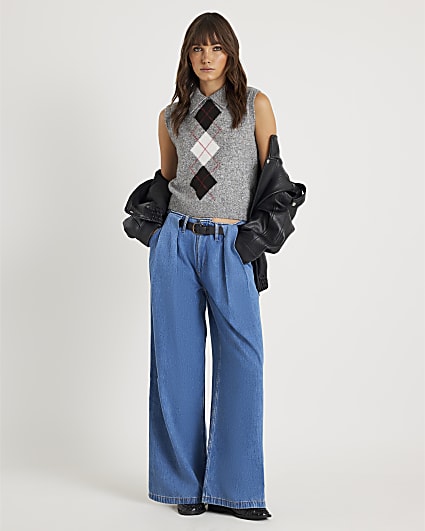 Blue Belted Wide Leg Pleated Jeans