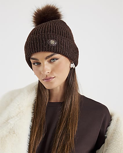 Brown Ribbed Pom Beanie Hat