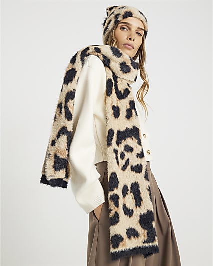 Beige Leopard Print Hat and Scarf Set