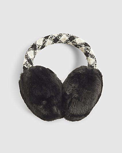 Black Boucle And Faux Fur Earmuffs