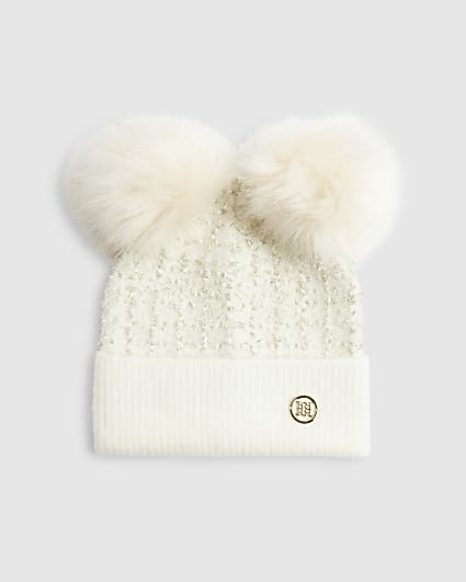 Cream Boucle Double Pom Beanie Hat