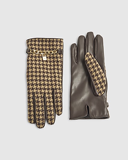 Brown Dogtooth Chain Detail Gloves