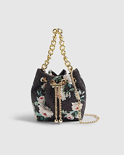 Black Floral Diamante Bucket Clutch Bag