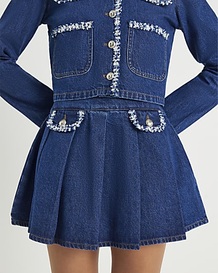 Blue Denim Boucle Trim Mini Skirt